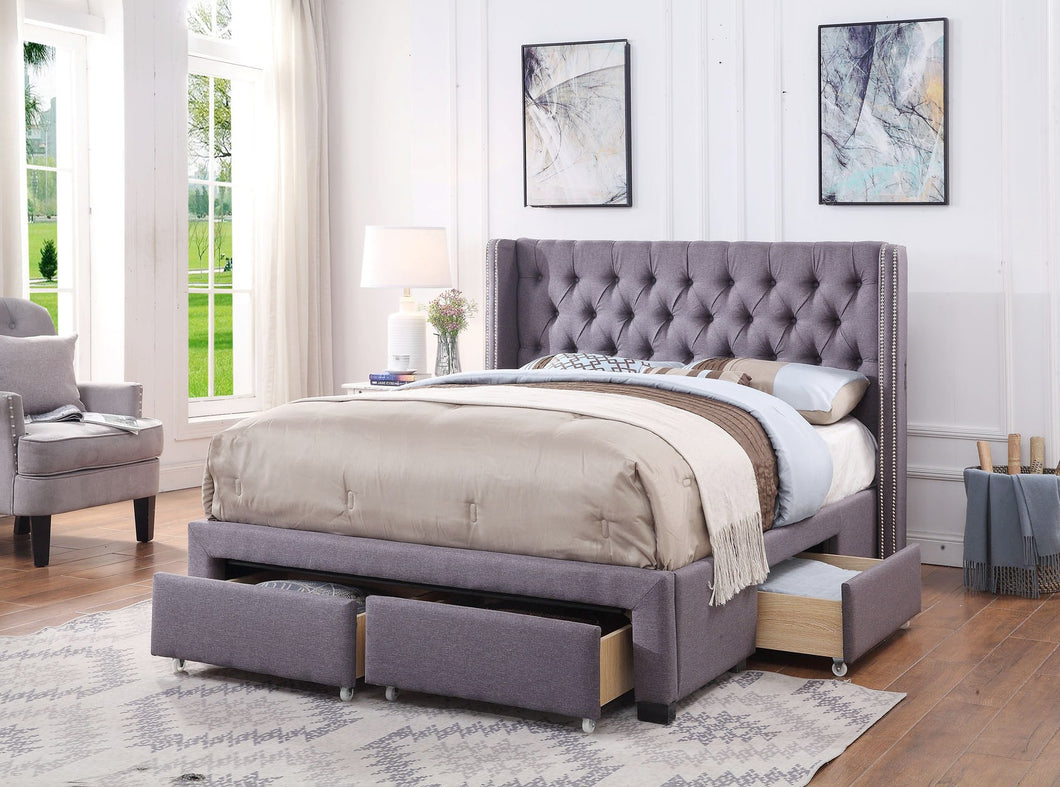 Bologna USB Fabric Queen Drawers Bed Grey - Ashley Rose