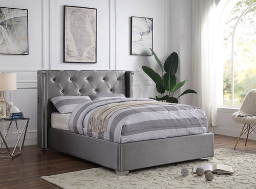 Empress USB Fabric Double Standard Bed Light Grey - Ashley Rose