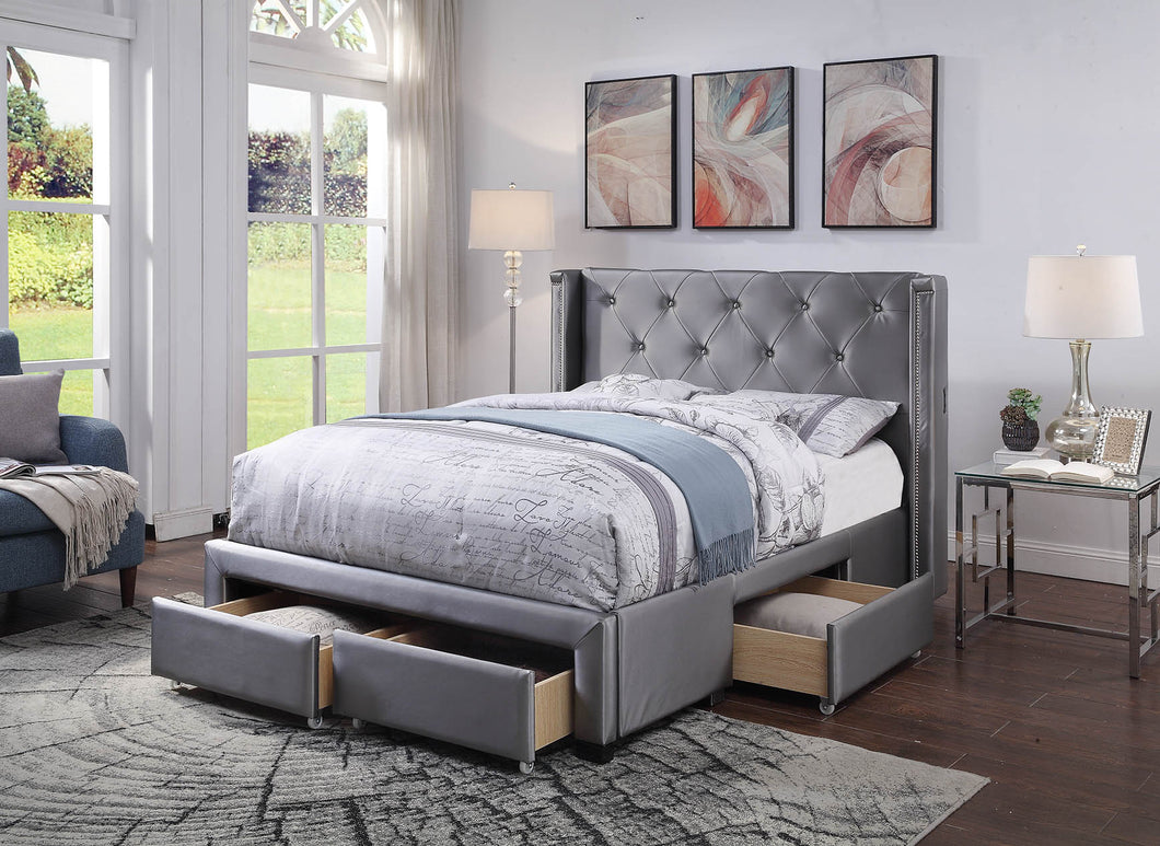 Empress USB Fabric Queen Drawers Storage Bed Light Grey - Ashley Rose