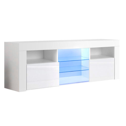 Ashley Rose 145cm RGB LED TV Stand Cabinet Entertainment Unit Gloss Furniture Tempered Glass Shelf White - Ashley Rose