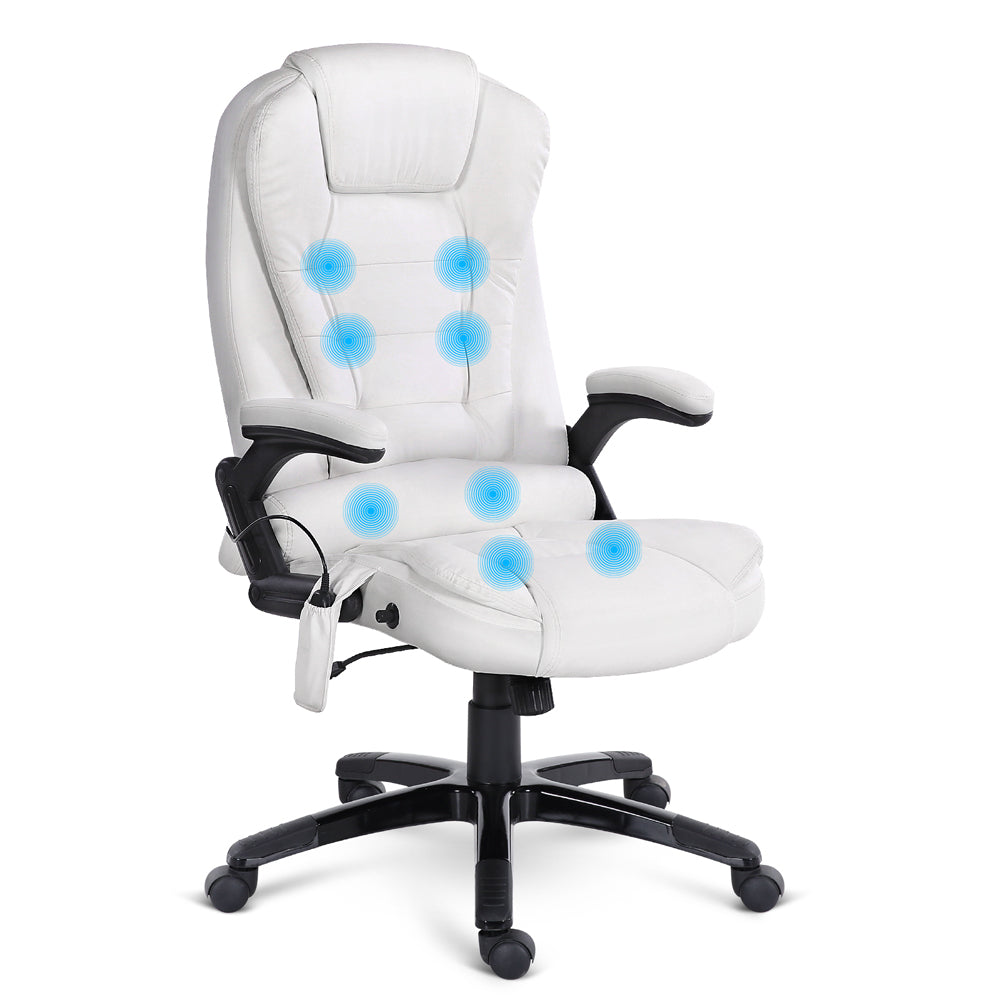 8 Point PU Leather Reclining Massage Chair - White - Ashley Rose